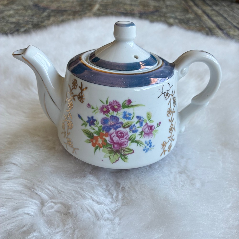 Vintage Apex Quality Japan Floral Lusterware Teapot Blue Gold Gilt Porcelain